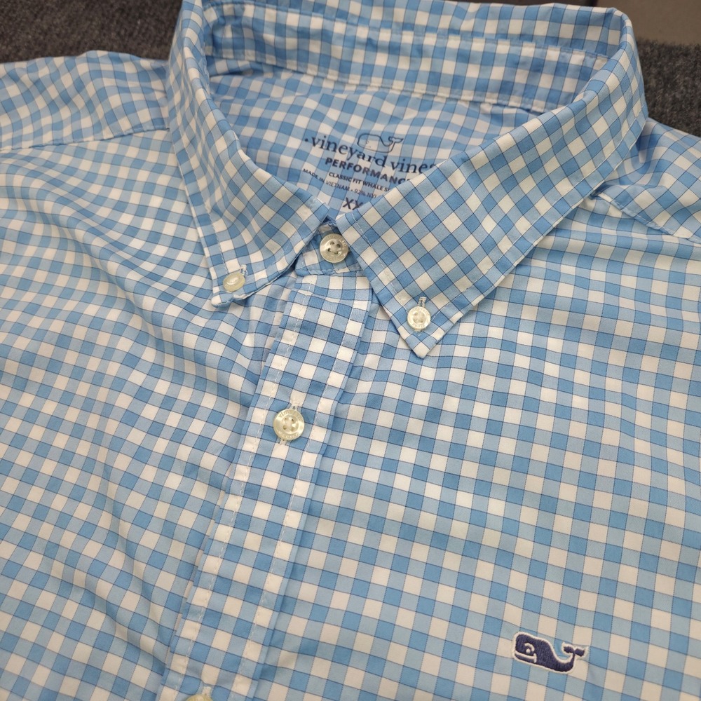 Vineyard Vines Performance Shirt Mens XXL Blue Gingham Nylon Stretch Classic Fit
